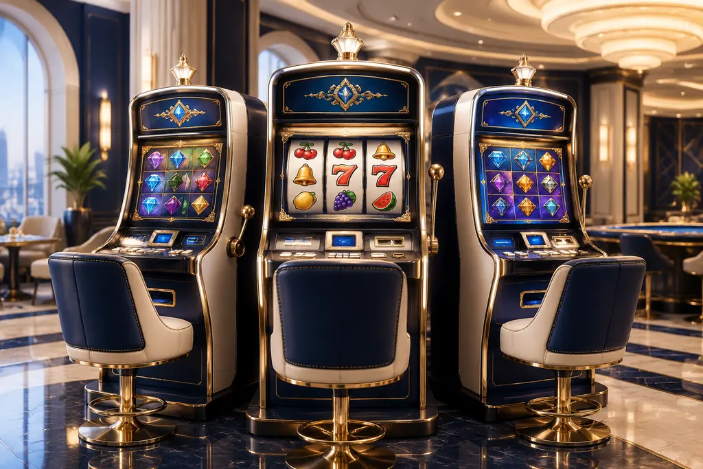 Deretan kabinet slot dalam interior kasino
