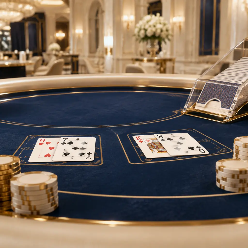Dua tangan kartu baccarat dan tumpukan cip di meja biru tua