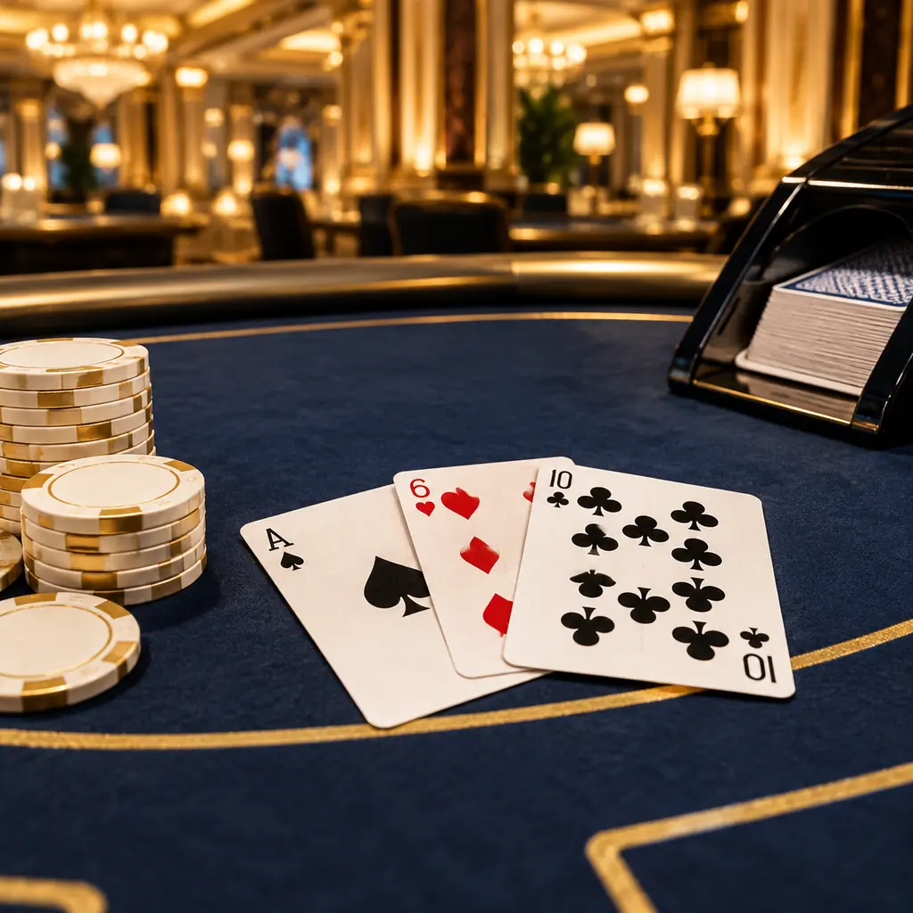 Kartu as, enam dan sepuluh pada meja blackjack