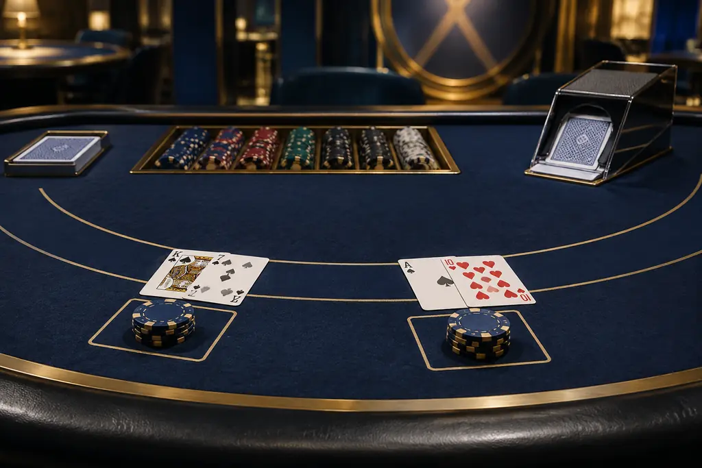 Kartu dan cip tersusun di meja blackjack