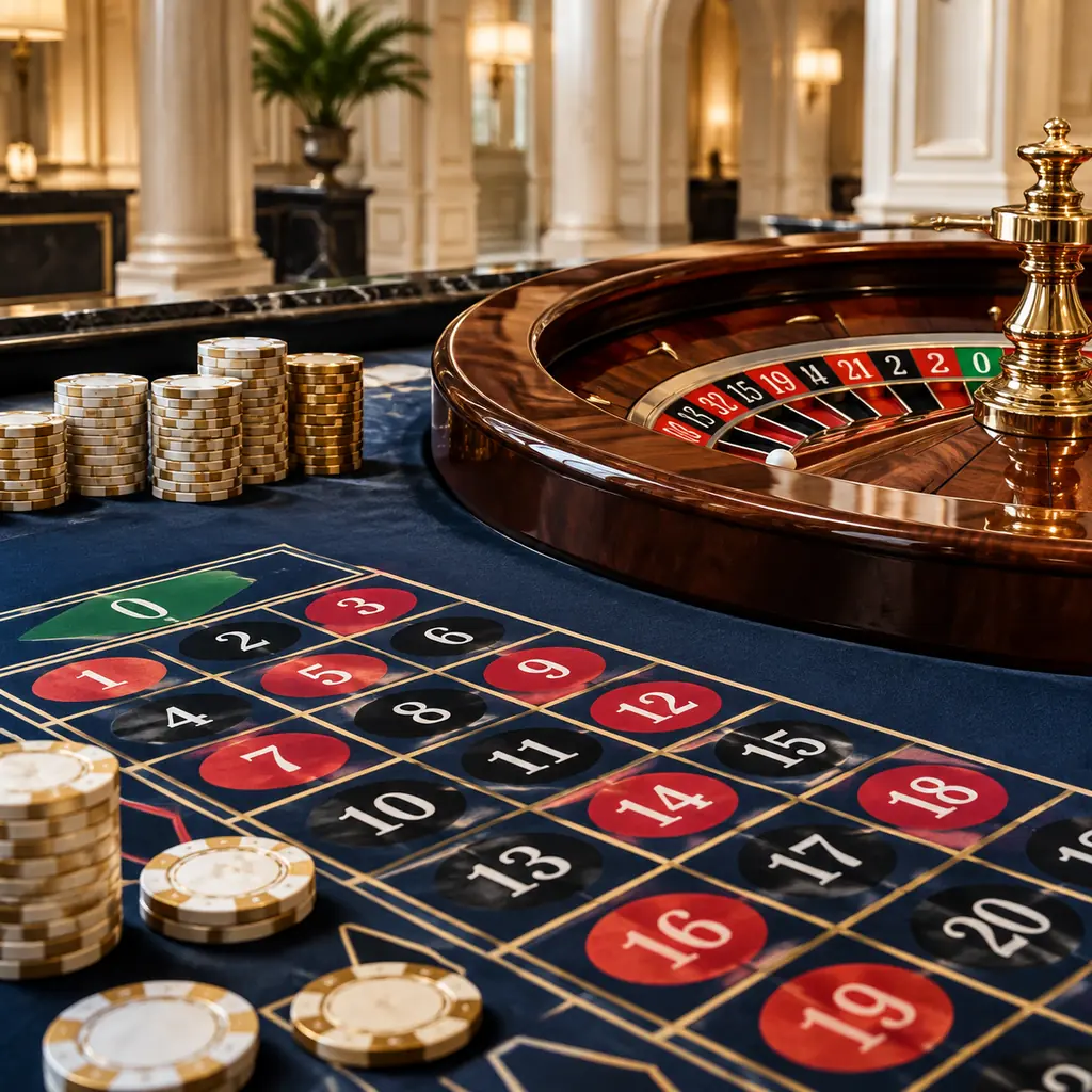 Petak taruhan roulette dengan cip dan tepi roda