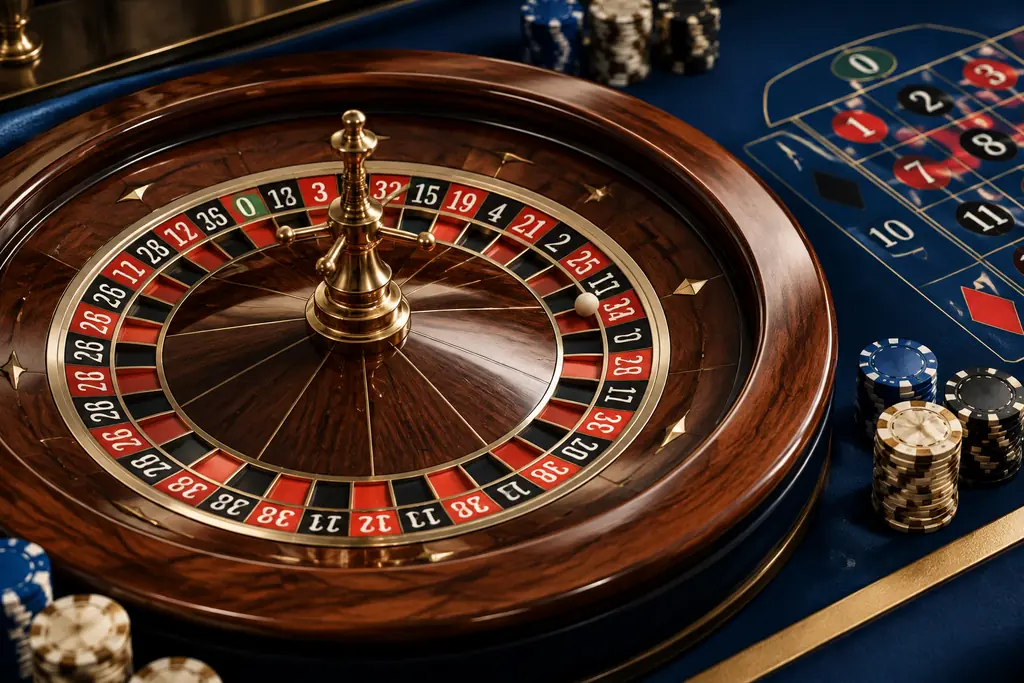 Roda roulette dengan bola putih di ruang kasino