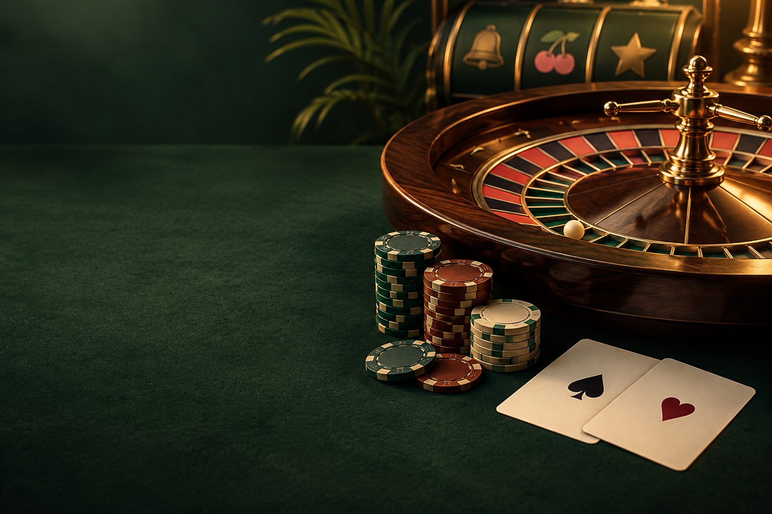 Roda roulette, kartu dan cip dalam suasana kasino bernuansa tembaga